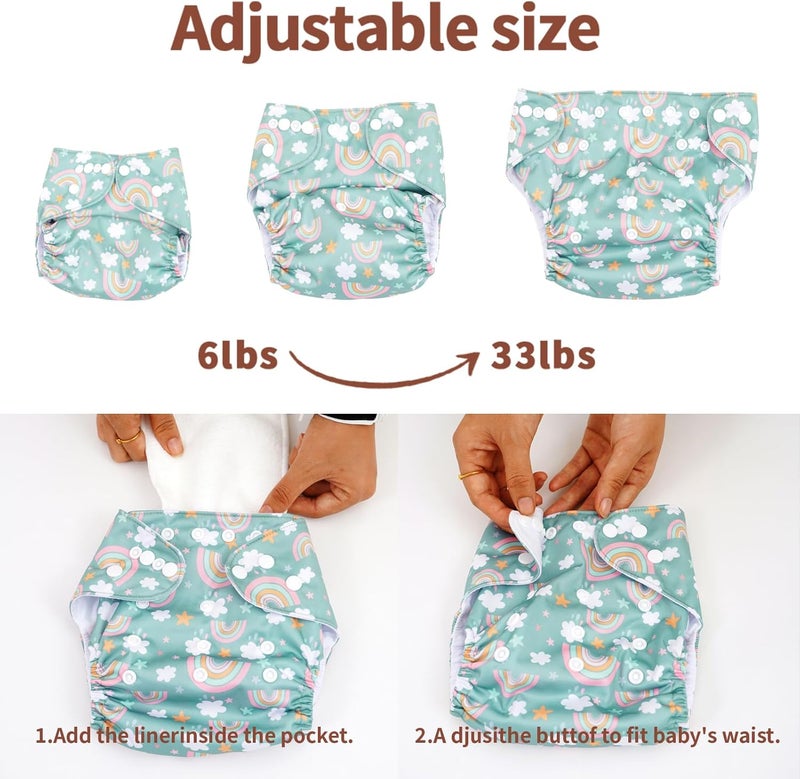 CoolaPeach 12 Set Reusable Adjustable Cloth Diapers for Newborn to 0-3 Years,One Size Washable Pocket Nappy Covers for Baby Girl and Boy,6 Pack Cloth Diapers+6pcs Microfiber Inserts(Green 2) - Image 3